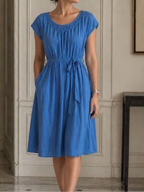 Charlie Jade Blue Tie Waist Dress Size L Boho Flowy Lightweight 100% Silk